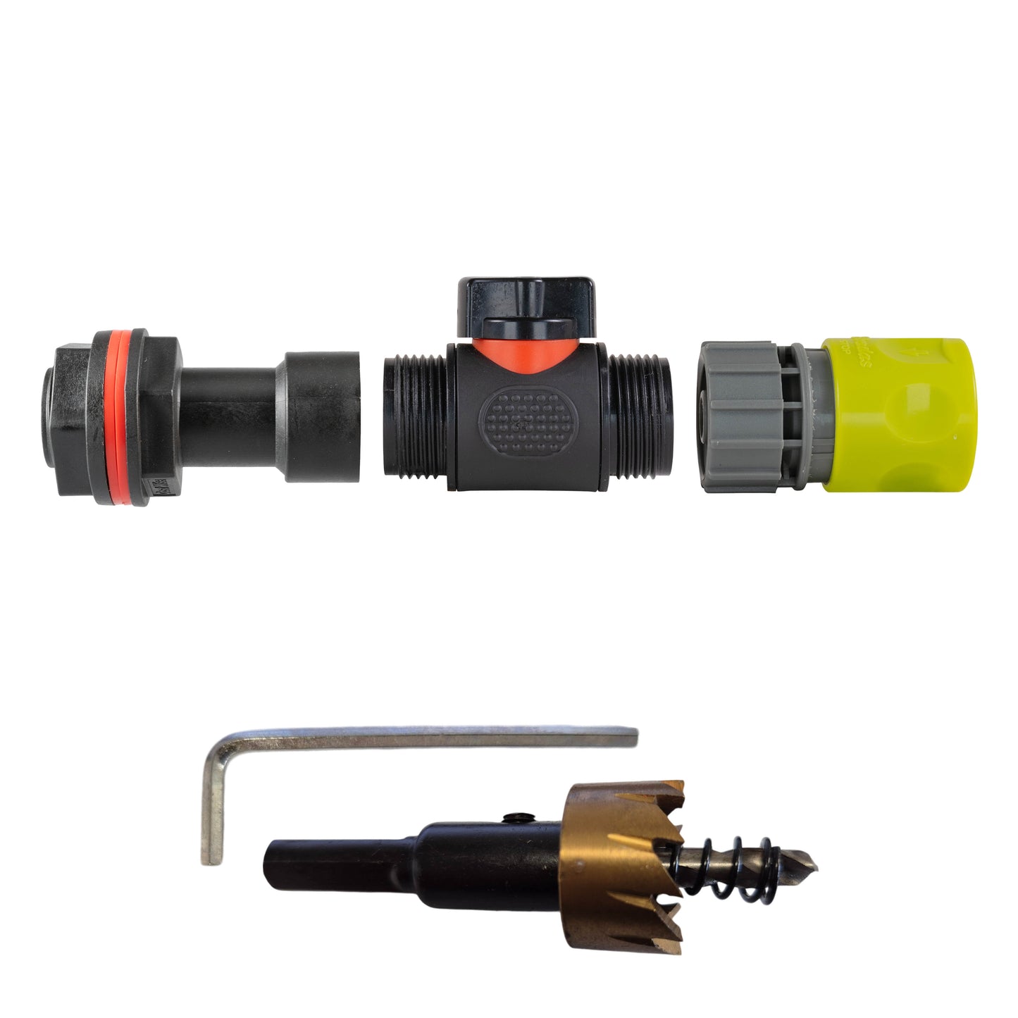 Water Butt Extension Kit 3/4" with In-Line Valve + Female Quick Connector Lime and Drill Bit