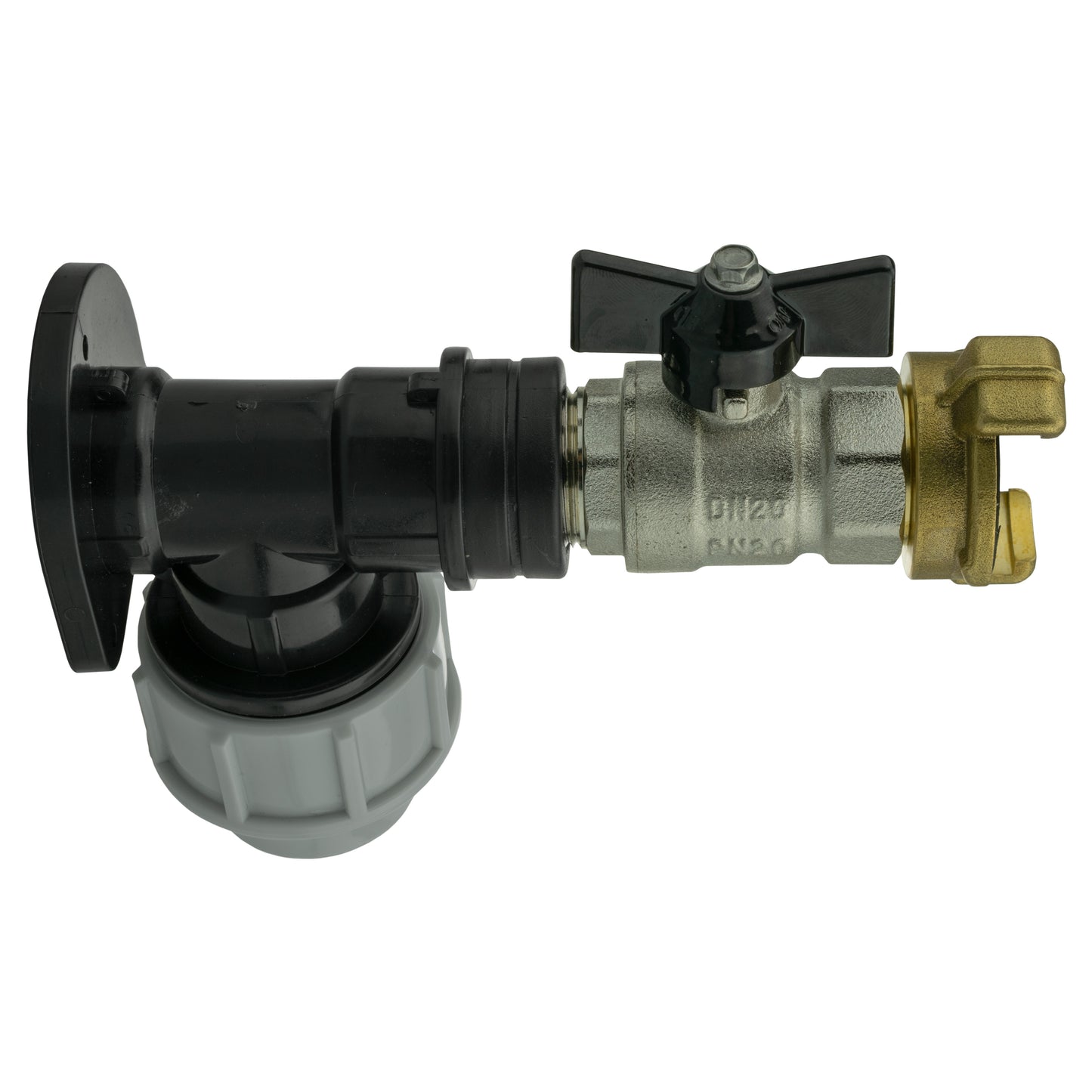 Wall Flange Kit 20mm MDPE + Bib Valve + ½” Geka