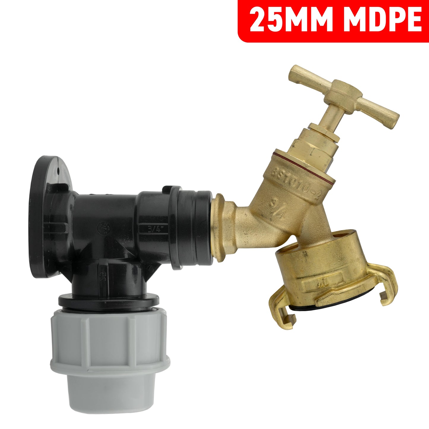 Wall Flange Kit 25mm MDPE + Brass Bib Tap with Geka Claw Outlet