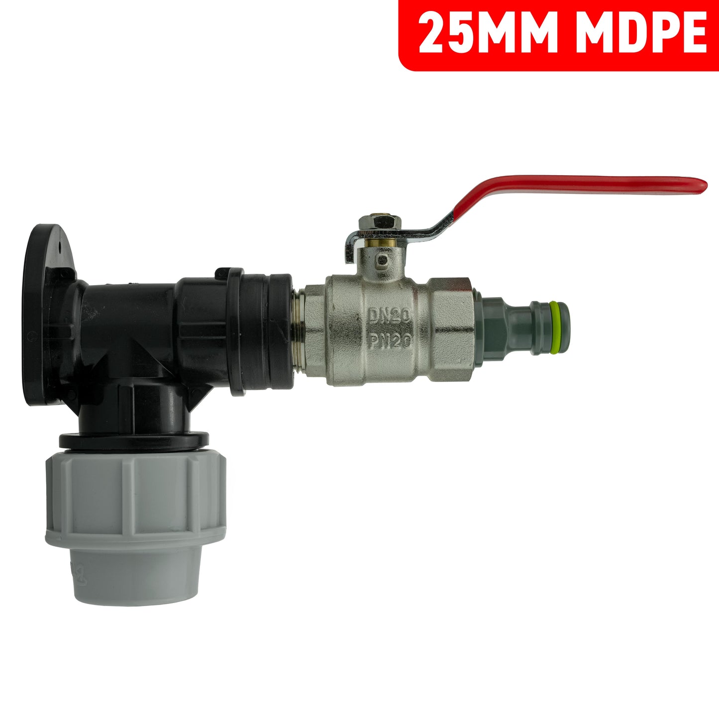 Wall Flange Kit 25mm MDPE + Lever Valve + Quick Connect Male