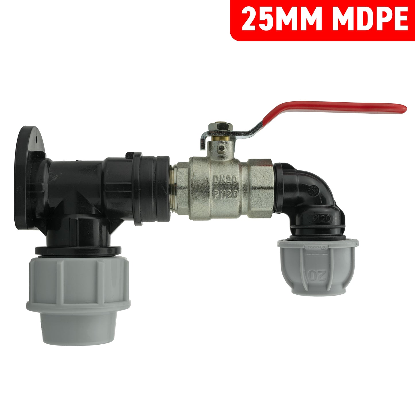 Wall Flange Kit 25mm MDPE + Lever Valve + 20mm MDPE Elbow