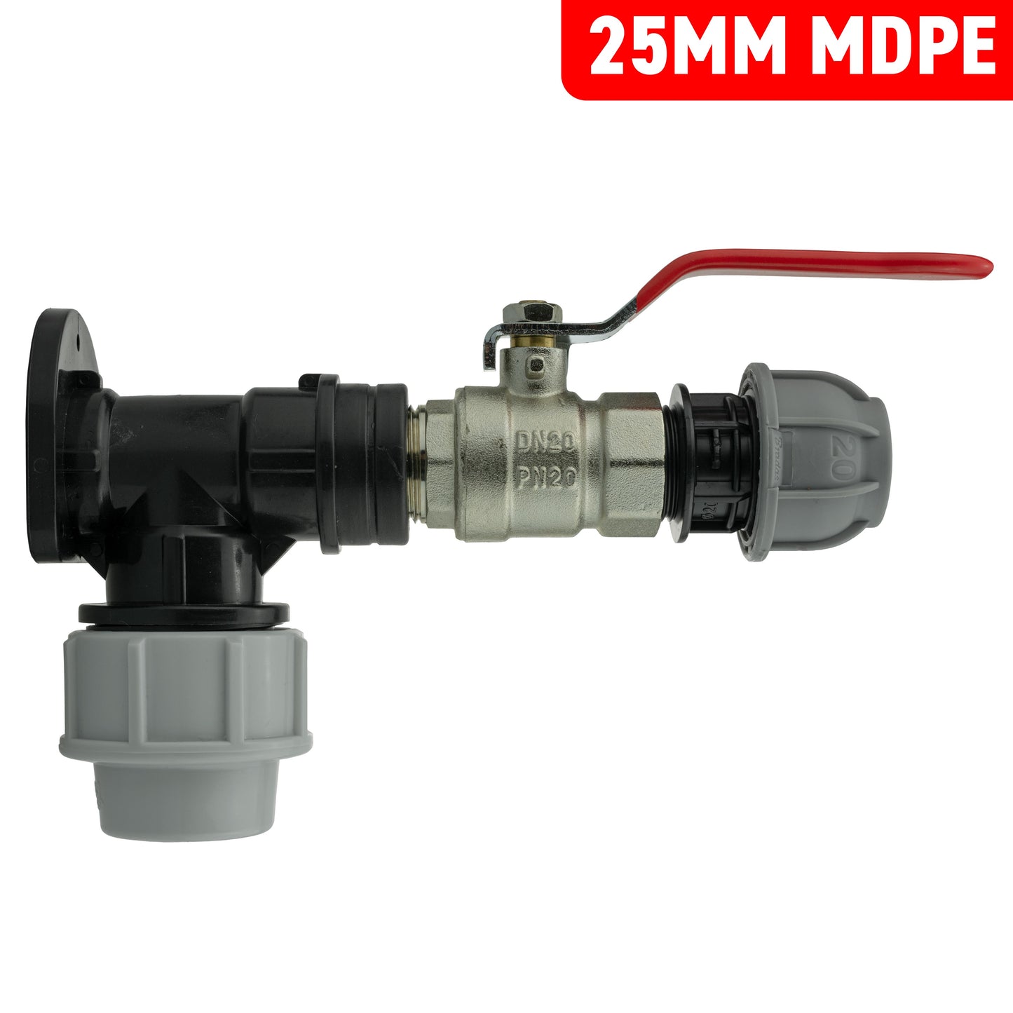 Wall Flange Kit 25mm MDPE + Lever Valve + 20mm MDPE Straight