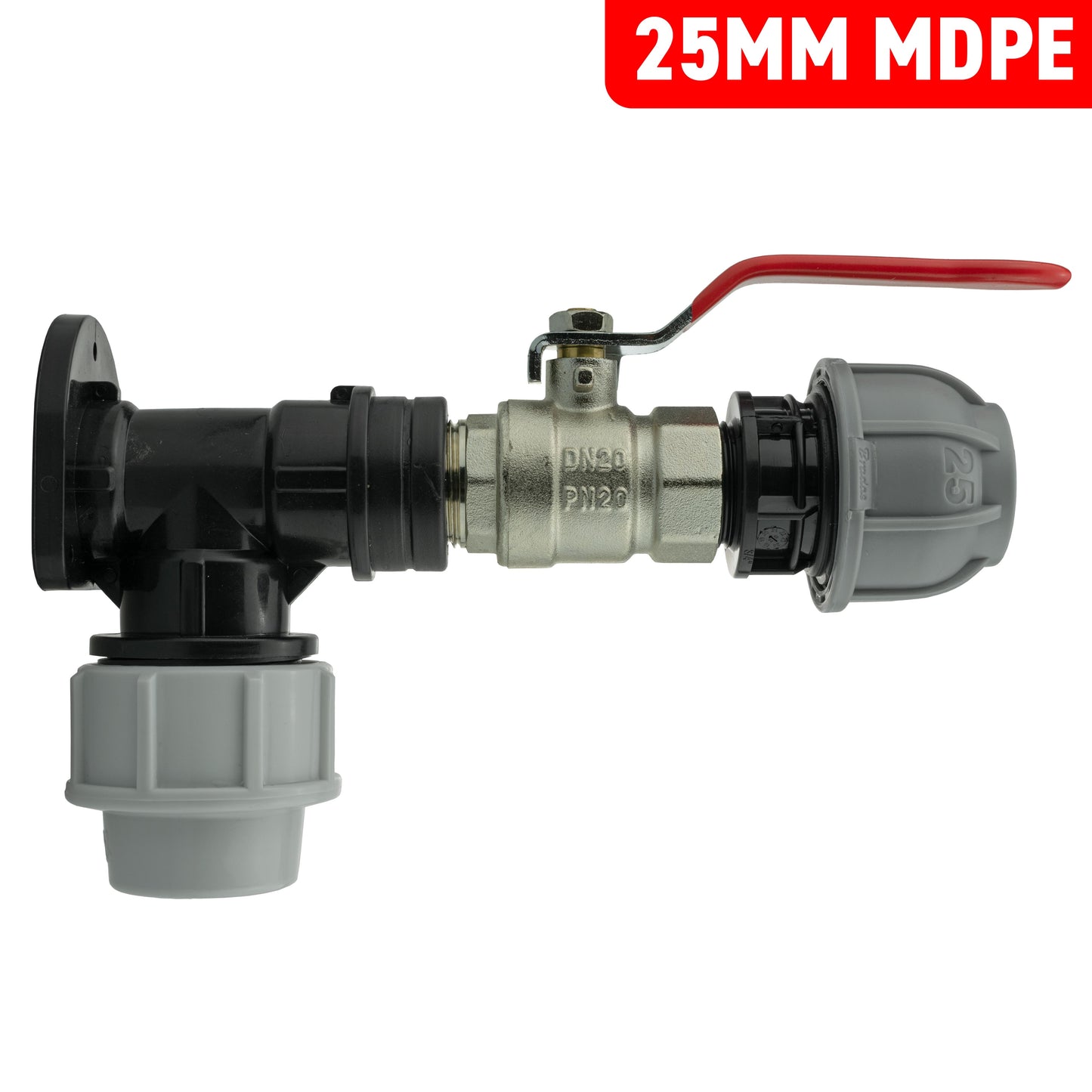 Wall Flange Kit 25mm MDPE + Lever Valve + 25mm MDPE Straight