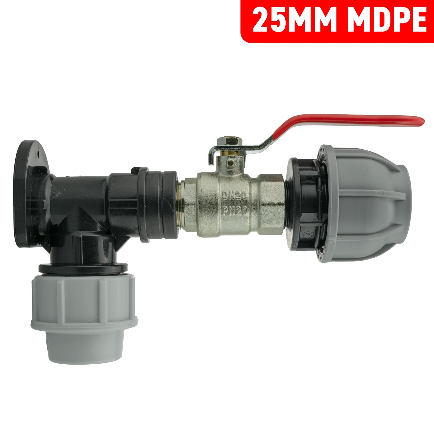 Wall Flange Kit 25mm MDPE + Lever Valve + 32mm MDPE Joiner