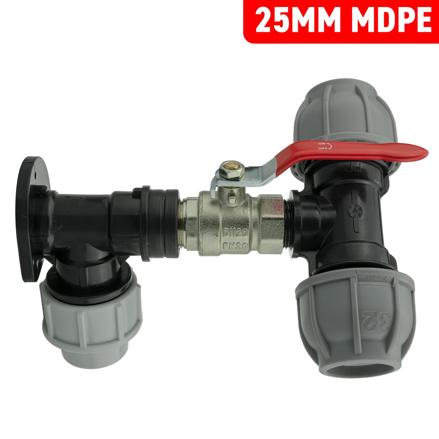 Wall Flange Kit 25mm MDPE + Lever Valve + 32mm MDPE Tee