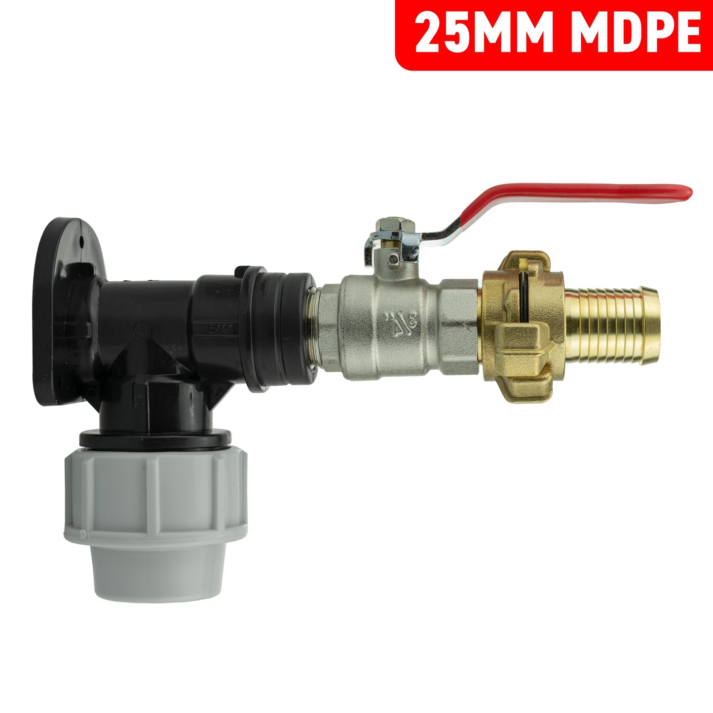 Wall Flange Kit 25mm MDPE + Lever Valve + 25mm Barbed Geka Set