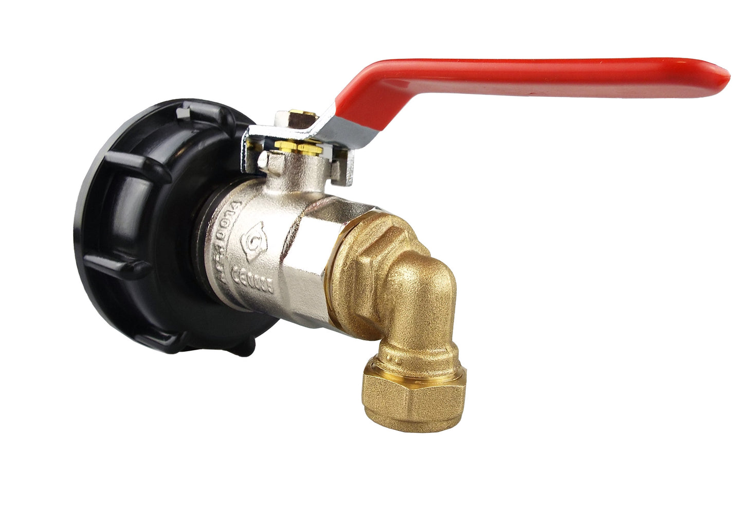 IBC 2” S60X6 Cap with BSP Female Lever Valve and Brass Compression Elbow 1” BSP – 28mm