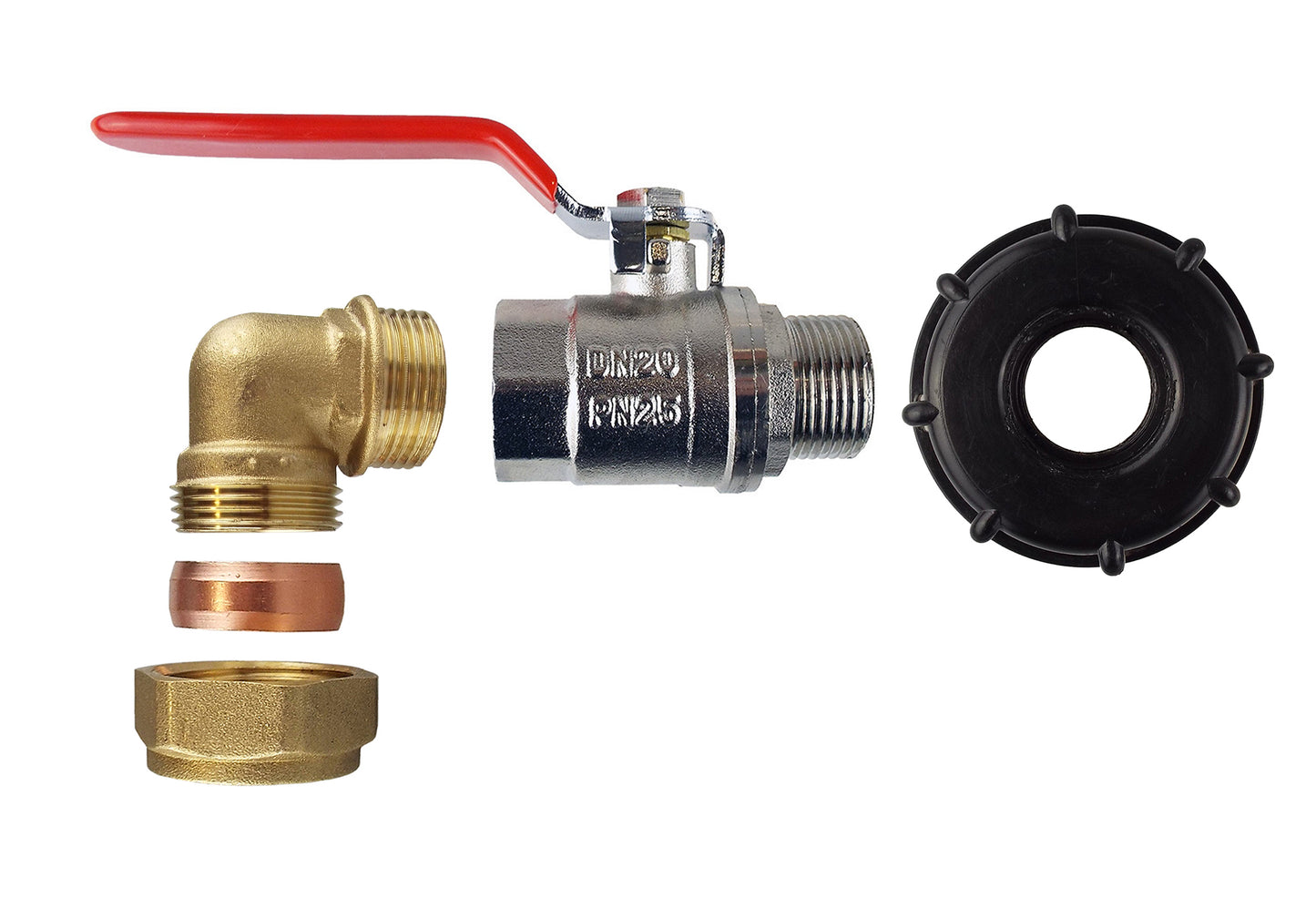 IBC 2” S60X6 Cap with Lever Valve and Brass Compression Elbow ½” BSP – 15mm