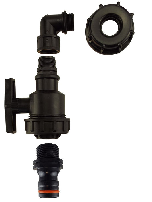 IBC 2” S60X6 Cap with Elbow Fitting, Large Plastic Valve and Male Quick Connector